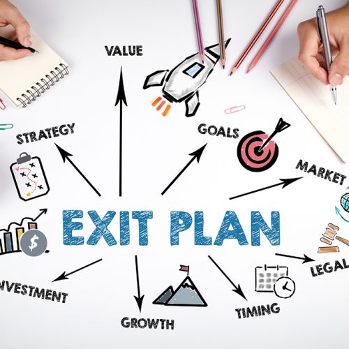 EXIT PLAN Concept. The meeting at the white office table.