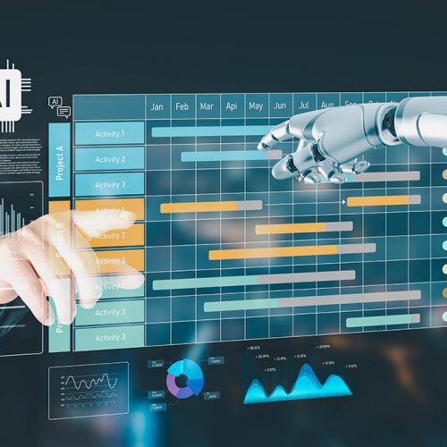 A businessman and an AI robot collaborate on a project, analyzing a Gantt chart and data on a futuristic holographic interface, symbolizing modern business management and technology.